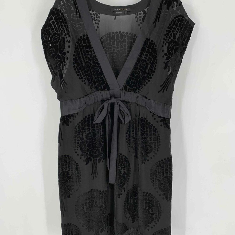BCBGMaxazria Black Jacquard Women's V-Neck Zip Up Midi Flared Dress 12